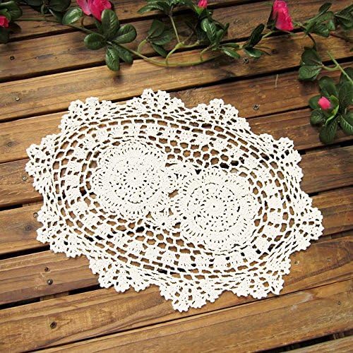 TideTex 4pcs Rural Simple Weave Oval Lace Crochet Table Placemats Tablecloth Dinner Cloth Doilies Solid Cup Pads Vase Pads Table Decoration Value Pack (10x14 inch, White)
