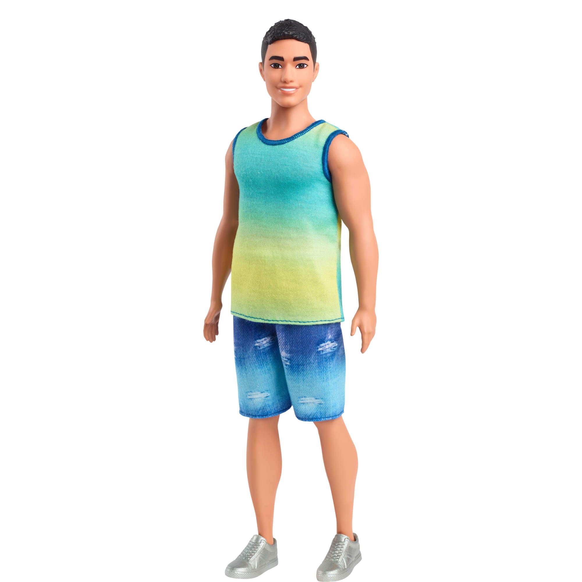 Barbie Fashionistas Ken Doll #236 with Black Hair, Wearing Blue and Green Ombre Tank with Jean Shorts and Silver Sneakers, HYV00