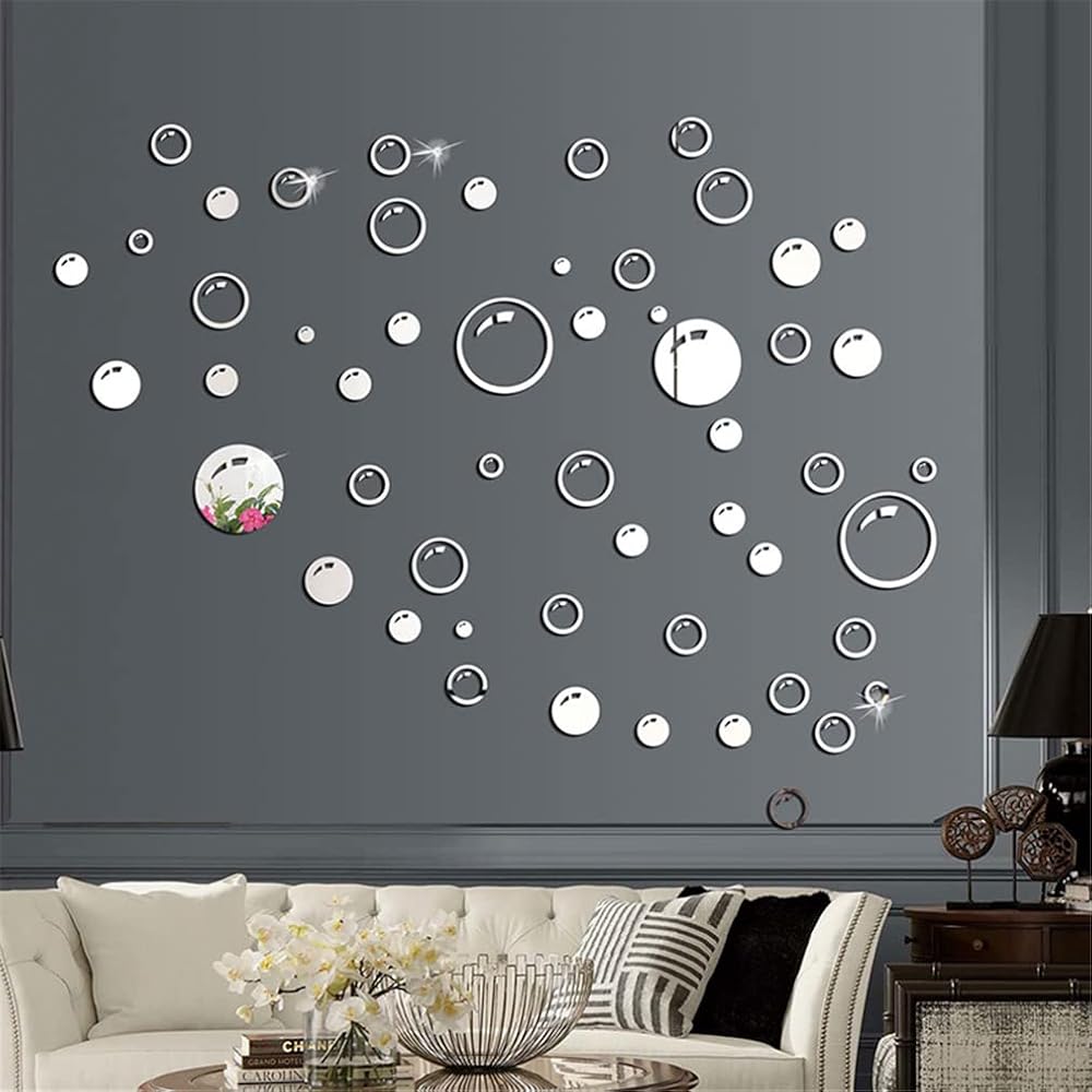 Xemz 58PCS Acrylic Bubble Mirror Wall Stickers Round Circle Plastic Tiles Home