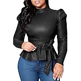 SEMATOMALA Women's Faux Leather Puff Sleeve Self Tie Waist Peplum Top PU Pleather Mock Neck Slim Fit Ruffle Knot Blouse Shirt