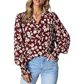 Dokotoo Women's Casual V Neck Easel Floral Print Long Sleeve Blouses Smocked Button Down Shirts Bohemian Top