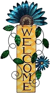 Grace Home Rusitc Metal Flower Welcome Sign Yard Door Decoration Patio Fence Indoor Outdoor Wall Art Hanging Flower Spring Door Welcome Wreath 15''H (Blue)
