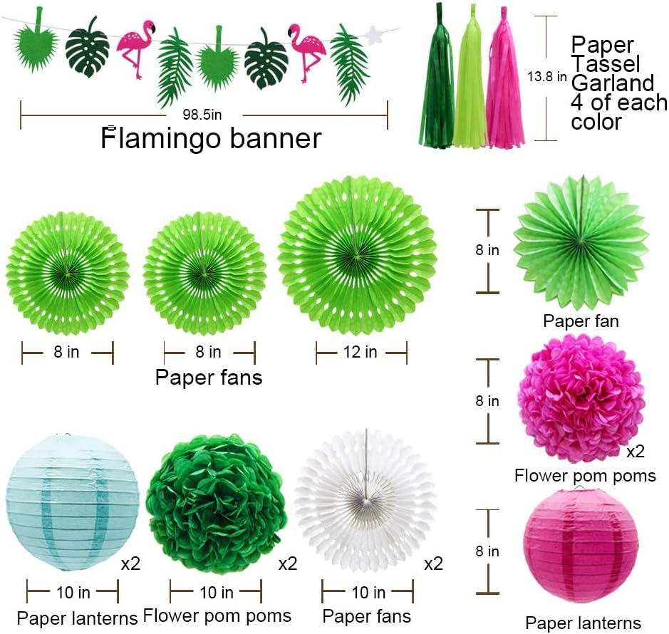 ADLKGG Tropical Flamingo Palm Leaf Banner Party Decorations, Hanging Paper Fans Paper Lanterns Pom Poms Flowers Tissue Tassels for Birthday Baby Shower Summer Hawaiian Party Bachelorette: Arts, Crafts & Sewing