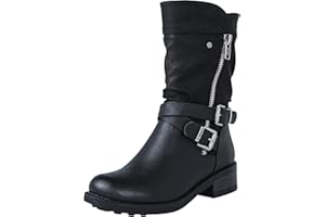 GLOBALWIN Women's Fall Fashion Biker Boots Mid Calf Boots For Women Low Heel