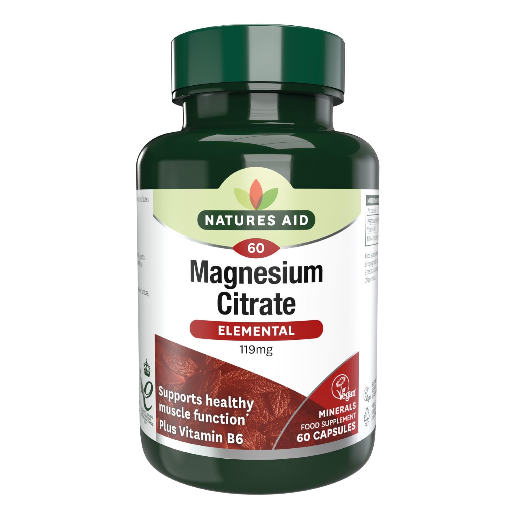 Natures Aid Magnesium Citrate 750mg with Vitamin B6 – High Absorption Vegan Capsules – Supports Muscle, Nerve & Bone Health and Stress Relief – Non-GMO, Gluten-Free – 60 Capsules