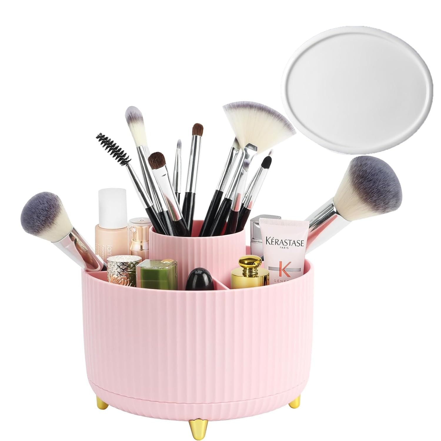 Hebaogugu 360° Makeup Organisers, Pink Rotating Makeup Brush Holders with 5 Compartments for Women, Dressing Table Organisers with Anti-slip Mat for Desk Tidy