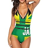 YELAIVP Women's Caribbean Jamaica Flag Padded One Piece Swimsuits Scoop Neck High Cut Low Back Bathing Suit