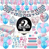 Gender Reveal Party Supplies - (200 Pieces) 36 Inch Reveal Balloon, Boy or Girl Banner, Mommy To Be Sash, Baby Shower Decorations, Foil Balloons and Boy Or Girl Balloons, Team Girl & Boy Stickers, Cake Topper Much More
