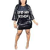 KIRJAUDU Women Sparkly Sequin Mini Dress Crewneck Bling Letter Print Half Sleeve Loose Mini Dress Clubwear