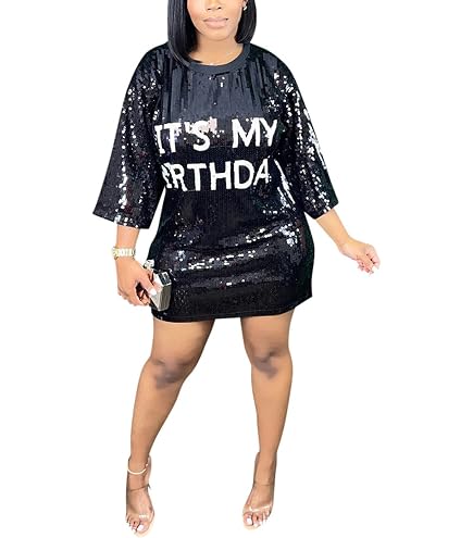 Fuiuwhs Its My Birthday Dress for Women Birthday Sequin Shirt Dress Loose Casual Sexy Nightclub Party T-Shirts Tops Dress Black S at Amazon Women's Clothing store