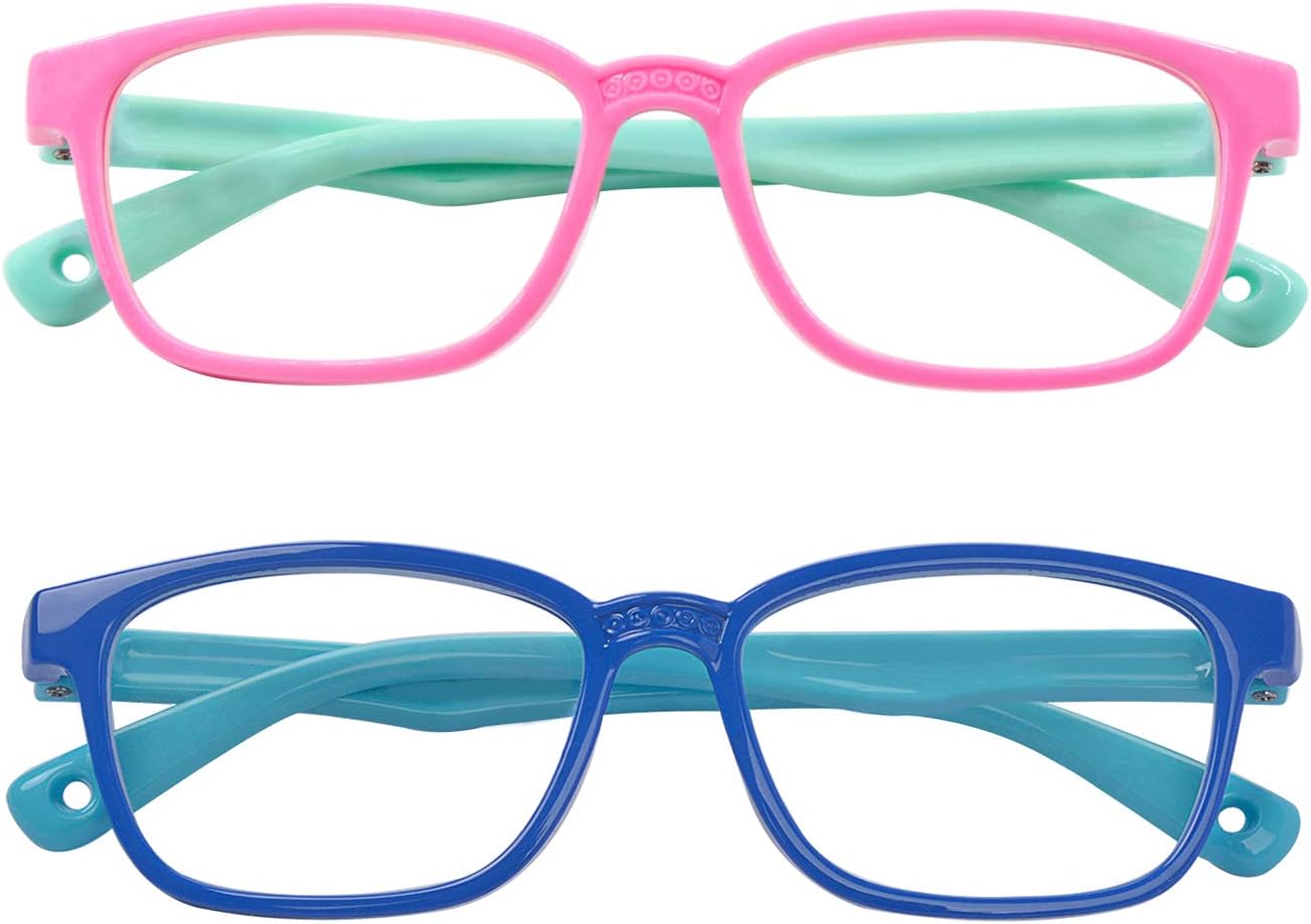 Outray 2 Pack Kids Blue Light Blocking Glasses Computer Gaming TV Glasses Silicon Frames for Boys Girls Age 3-12 Anti Glare & Eyestrain (Pink+Pink&Blue)