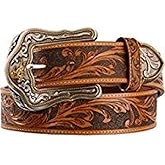 Tony Lama Western Ride Tooled Leather Bronc Buckle Mens Belt 1 1/2in