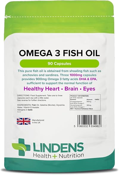 Lindens Omega 3 Fish Oil Capsules 90 Pack 3000mg UK Made Heart Brain Eyes