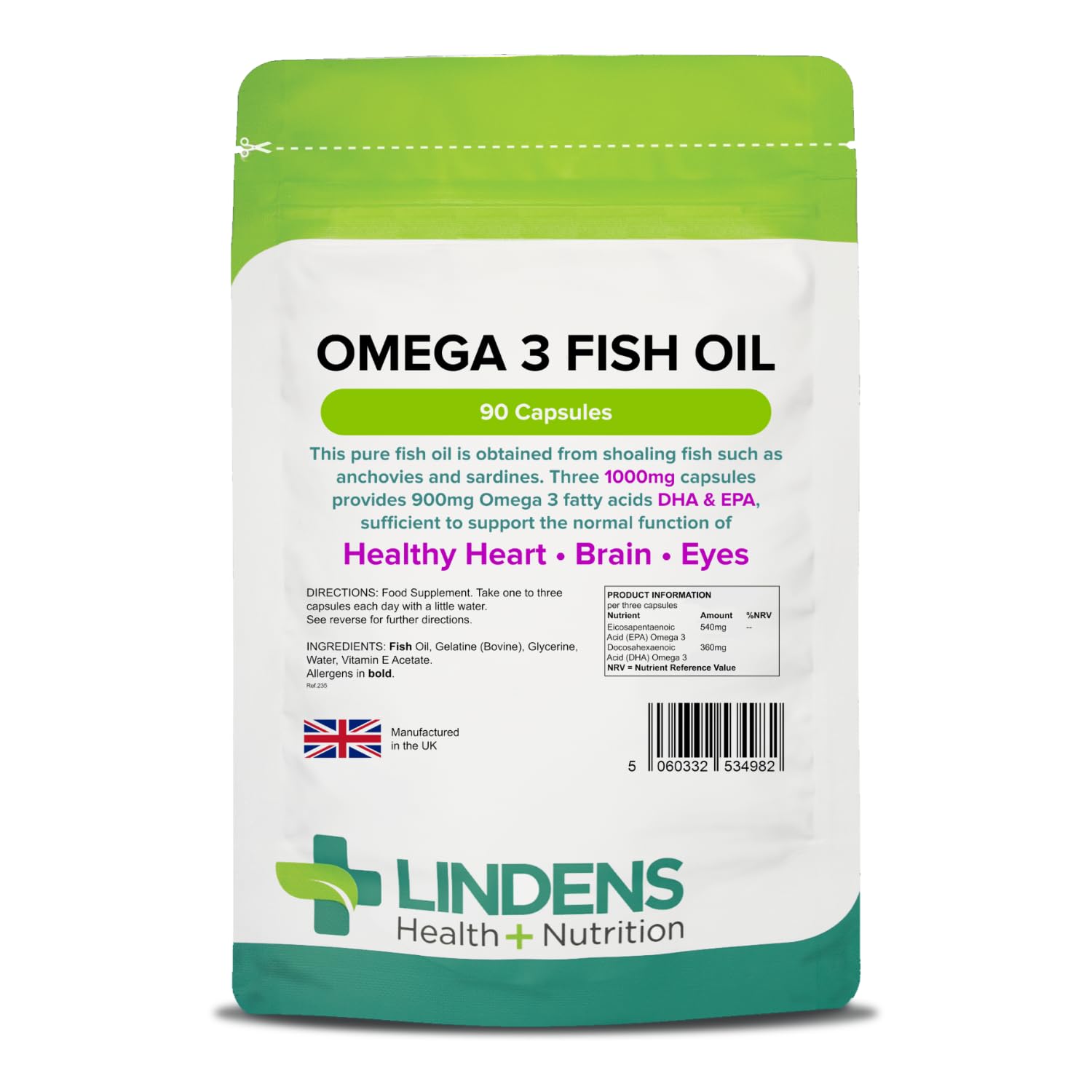 Lindens Omega 3 Fish Oil Capsules - 90 Pack - 3,000mg Daily Intake - UK Made - Supports Normal Function of Healthy Heart, Brain & Eyes - GMP & Letterbox Friendly