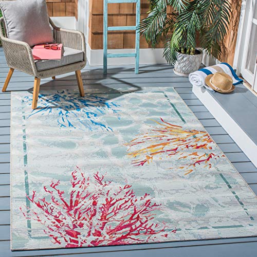 Safavieh Barbados Collection BAR535J Tropical Coral Indoor/ Outdoor Area Rug, 4' x 6', Teal/White