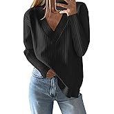 Saodimallsu Womens V Neck Sweater 2025 Fall Oversized Ribbed Knit Trendy Slit Casual Loose Fit Long Sleeve Pullover Top