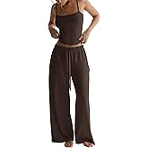 TDCoool Women's 2 Piece Pajama Lounge Set Summer Matching Lounge Sets Spaghetti Strap Tank Top Comfy Wide Leg Pants Sets