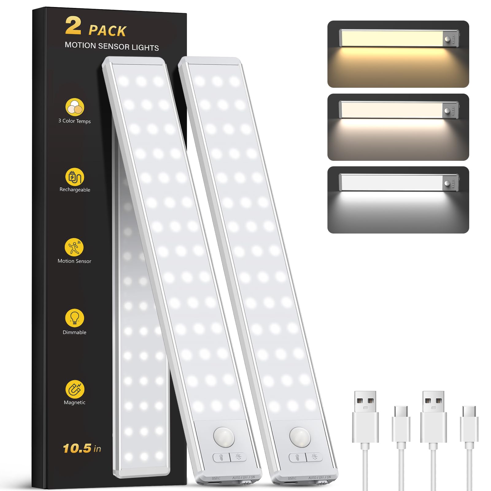 Photo 1 of 10.5" Under Cabinet Lighting, Wireless Motion Sensor Light Indoor with 3 Color Temps, Magnetic Closet Light, Dimmable Led Light, Rechargeable Under Counter Lights for Kitchen, Bedroom, Stair, 2 Pack