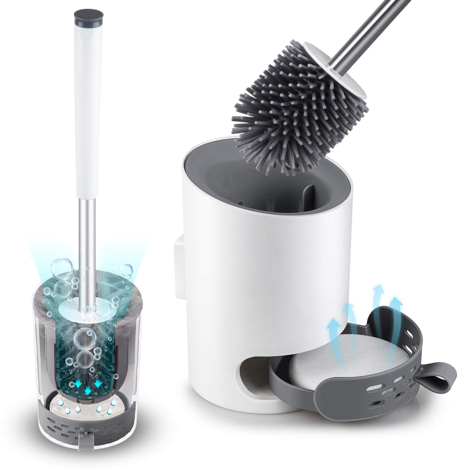 Domi-patrol Toilet Brush with Holder Wall Mounted, Upgraded Modern Toilet Bowl Brush and Holder, Bathroom Toilet Brush Set Silicone Bristle Brush with Diatomite Mat & Tweezers