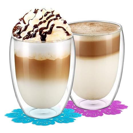 Wassergläser Set,BOQO Doppelwandiges Glasbecher,Trinkgläser,Wasserglas,Gläsersets und Untersetzer?350ml/2er Set ?