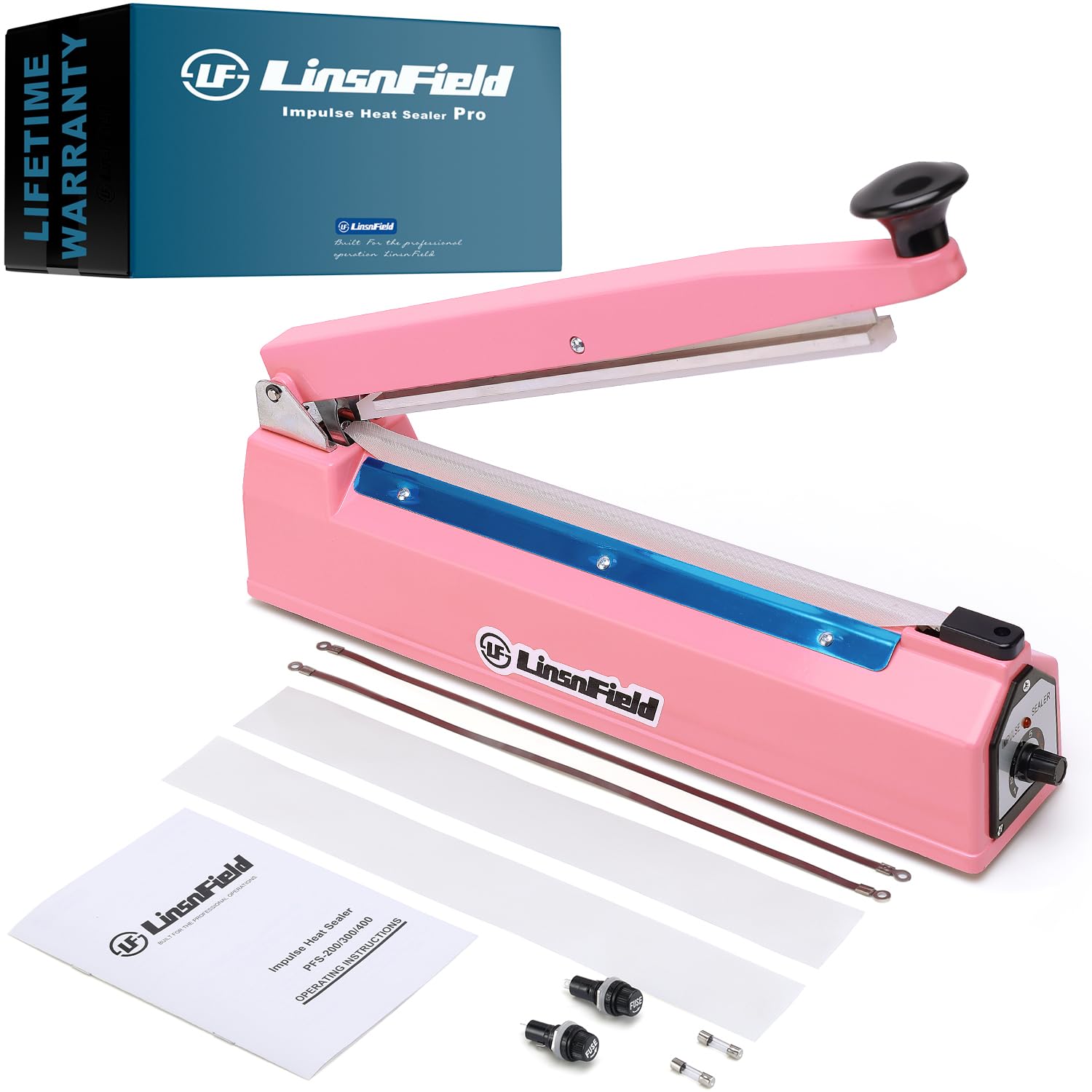 Photo 1 of LinsnField Sealer Pro, Patented 8-inch Impulse Heat Sealer, 2-mm Sealing Width Super Heavy Duty Bag Sealing Machine with Extra 2 Replacements, 1Fuse Included, Pink