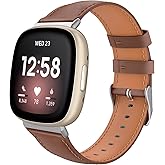 TiMOVO Leather Band Compatible with Fitbit Versa 4/Fitbit Versa 3/Fitbit Sense 2/Sense Watch Bands, Top Grain Genuine Classic Leather Replacement Wristbands Straps for Women Men, Brown