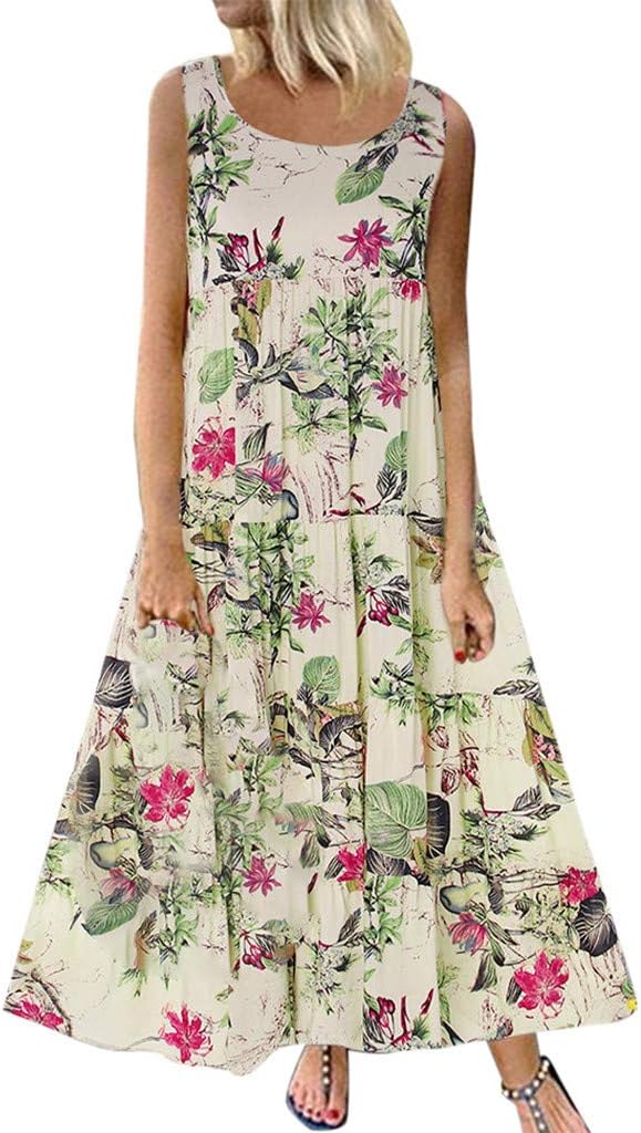 Goddessvan Women Plus Size Boho Retro Linen Print Casual Loose Sleeveless Long Maxi Dress