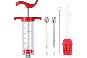 MIKIM Plastic Meat Injector Syringe, Turkey Injection Kit with 2 Stainless Steel Needles for Injecting Marinade into Turkey Chicken Meat Brisket Pork, Ideal for Smoking BBQ Grill, Red 1oz