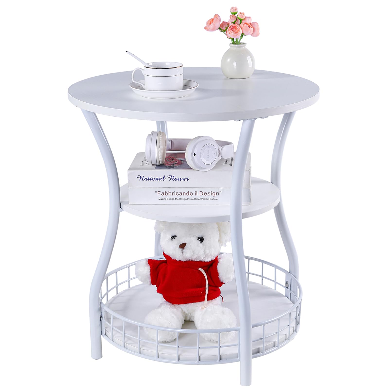 Anlanbor Round Side Table, 3-Tier Circular End Table with Storage Shelf,White Accent Sofa Table for 