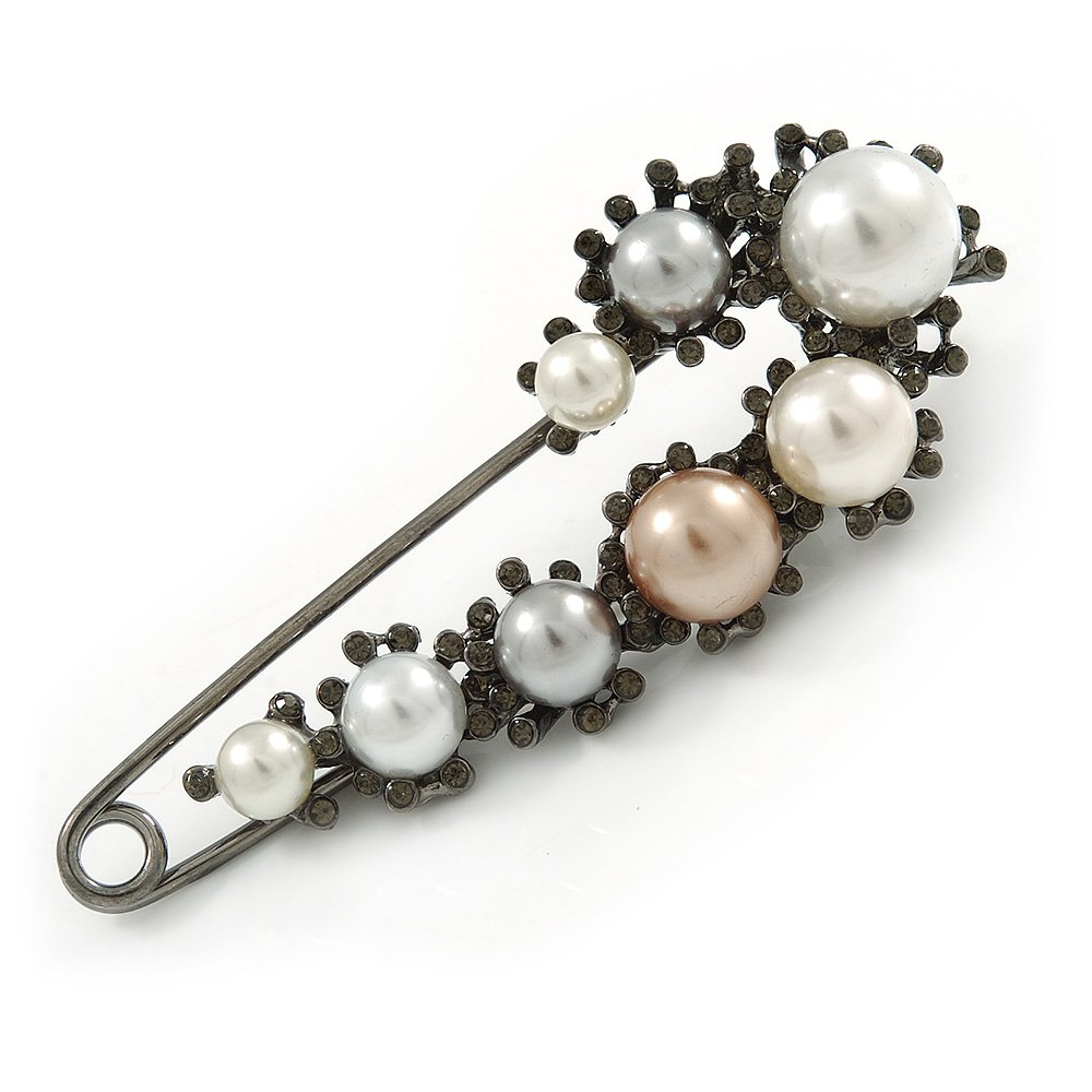 Large Vintage Inspired Glass Pearl, Crystal Safety Pin Brooch In Gun Metal Finish - 90mm