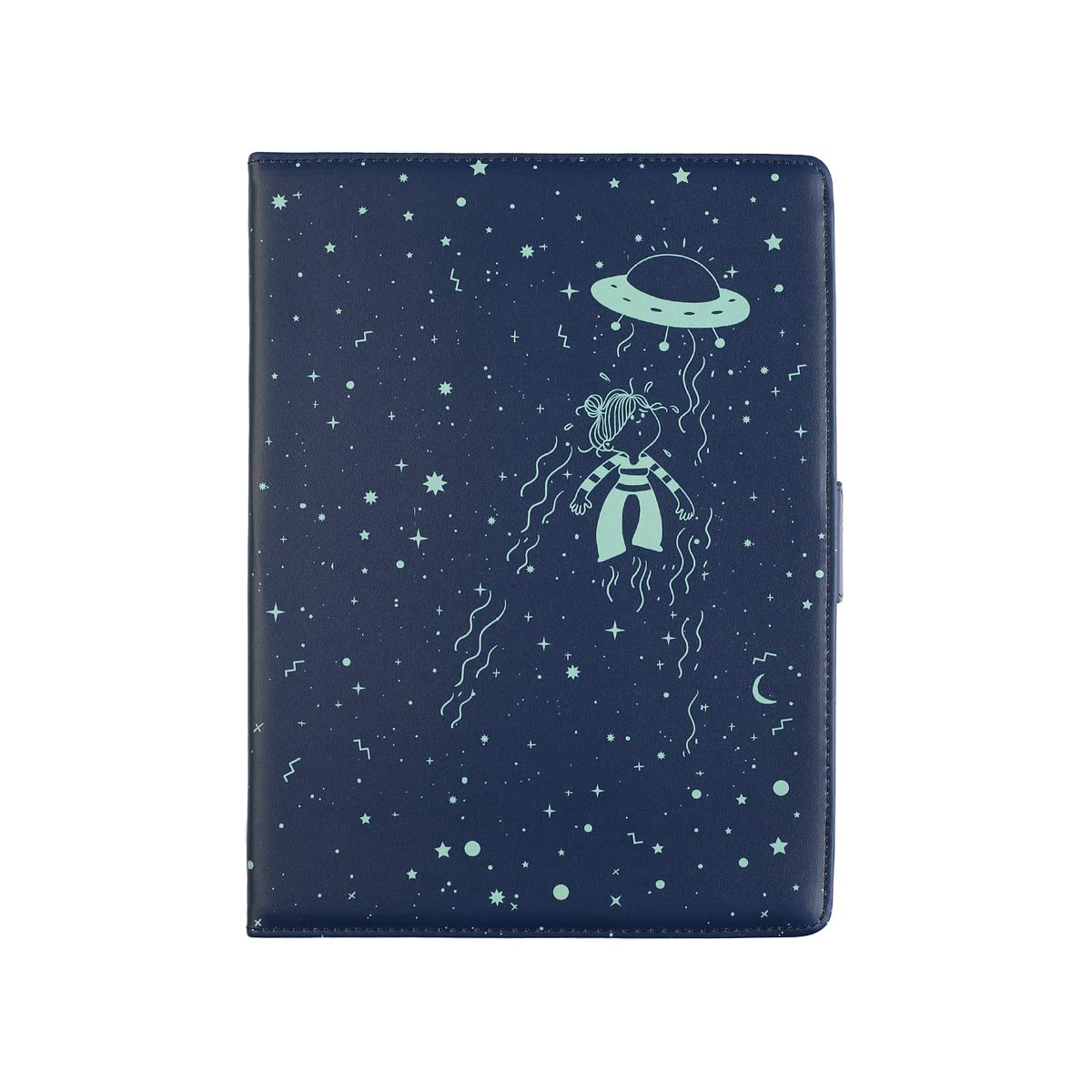 WONDEE Universal Tablet Case from 10.2 to 10.4 Inches - Book Type with UFO Design on Navy Blue Background