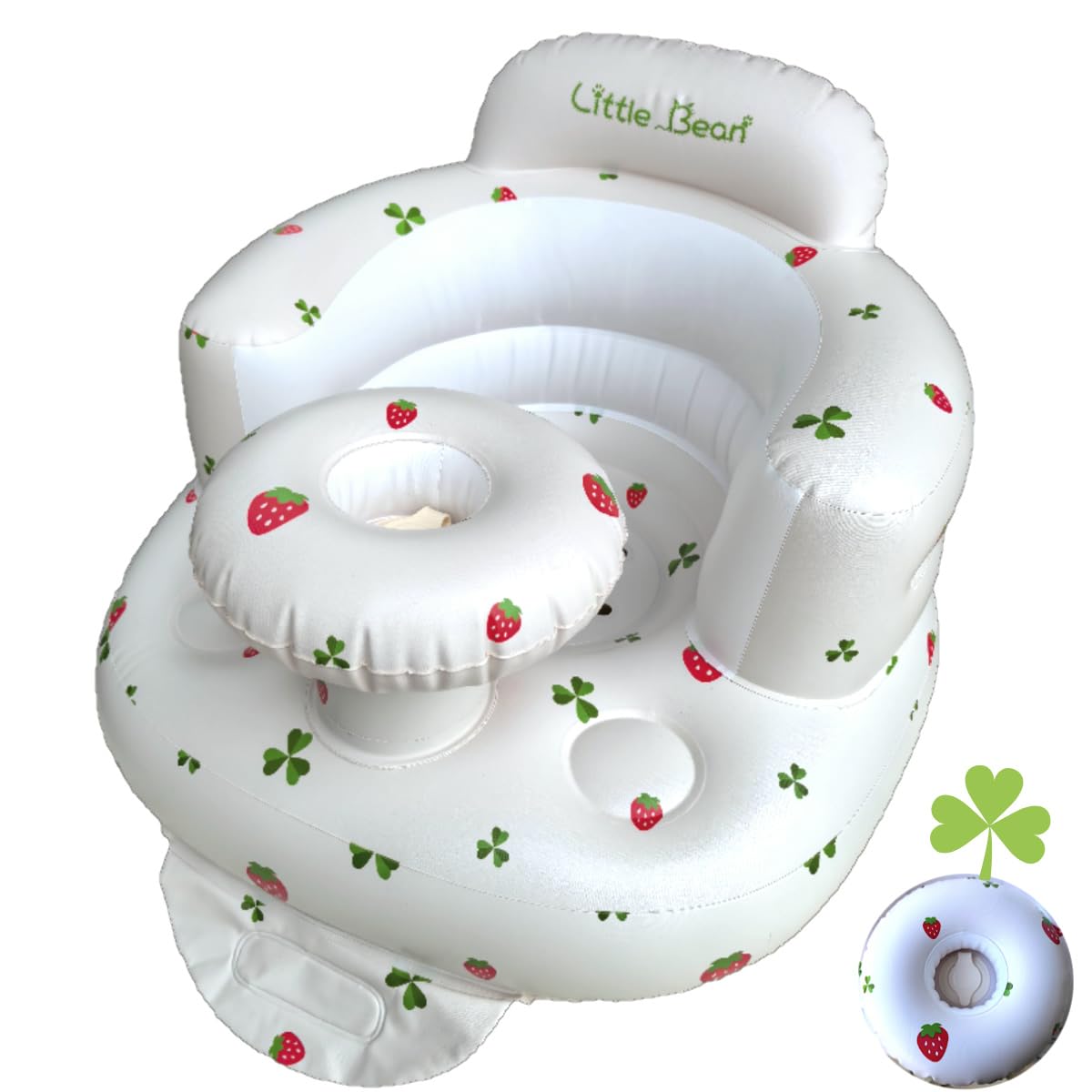 Baby Inflatable Seat for Babies 4-24 Months Built in Air Pump Infant Back Support Sofa Toddler Chair for Sitting Up, Baby Shower Chair Outdoor Seat Floor Seater Gifts (Clover-Strawberry)