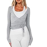 Women Ballet Wrap Top Long Sleeve Self Tie Dance Shirt Pilates Yoga Tops Y2k Workout Active Blouses