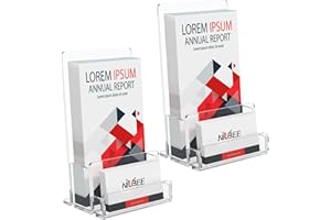 NIUBEE 2-Pack Acrylic Brochure Holder 4‘’ , Clear Brochure Display Stand with Acrylic Business Card Holder, Plastic Flyer Dis