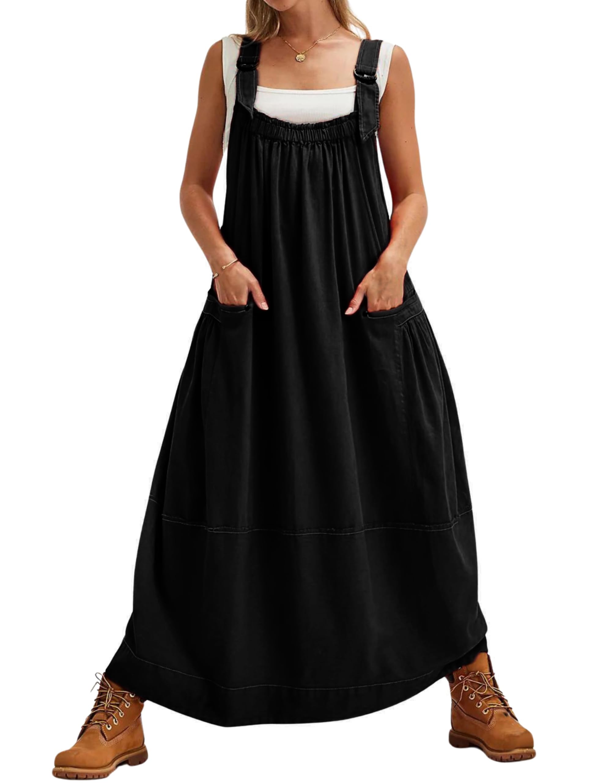 Photo 1 of Yeokou Womens Overall Dress Cotton Barrel Midi Travel Dress Loose Fit Adjustable Straps Big Pockets Jumpsuits(Black-Medium-new2)