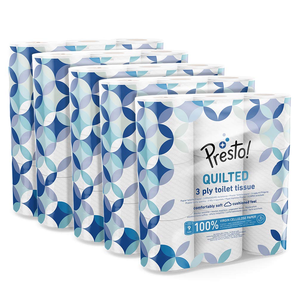 Presto! 3Ply Quilted Toilet Tissues, 45 Rolls (5 x 9 x 200 sheets