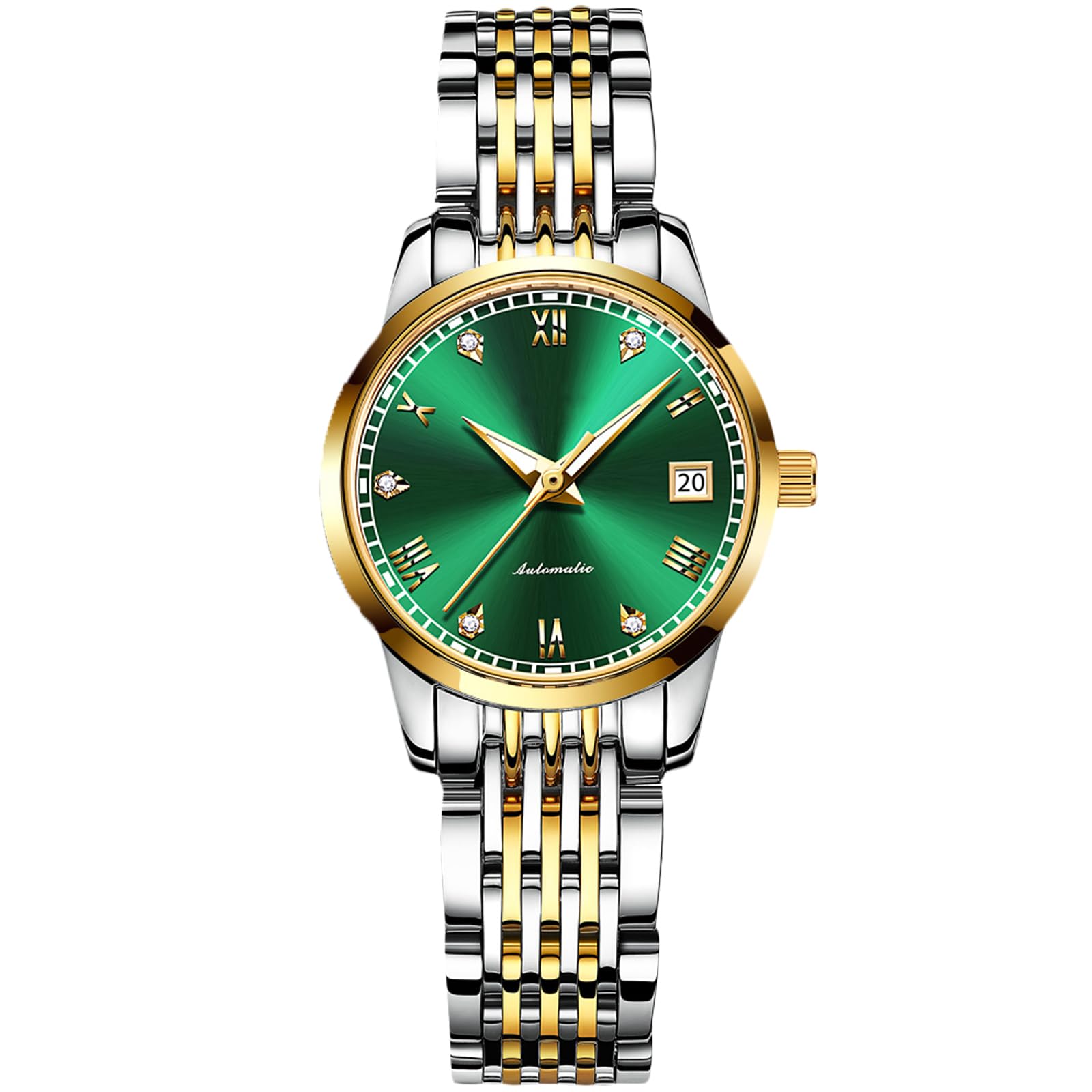 RORIOS Women's Automatic Watch Self-Wind Auto Mechanical Watch with Stainless Steel Band Calendar Fashion Women Watch Luminous Wristwatch for Ladies