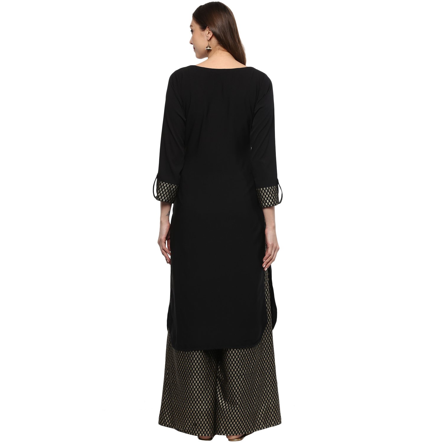 ziyaa women's black colour straight crepe gold foil print kurta & palazzo set