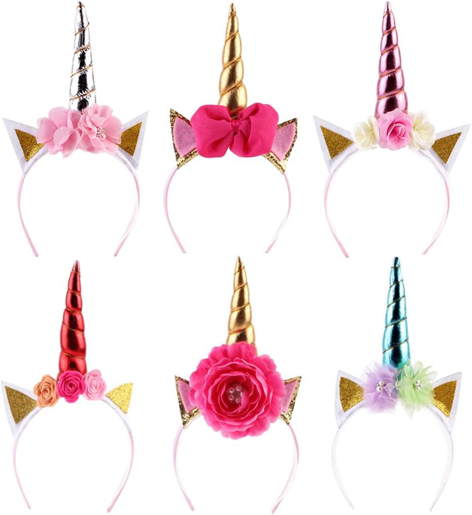 Eworld -6 Pcs Baby Golden Sliver Unicorn Horn Headband - Rose Flower Hairband Animal Photo Props with Glitter Ears for Unicorn Birthday Cosplay Party (Unicorn)