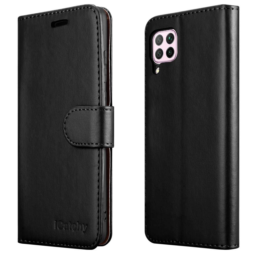 iCatchy For Huawei P40 Lite Case, Wallet Book [Stand View] Magnetic Closure [Kickstand] Full Protection Premium Leather Folio Case Compatible with Huawei P40 Lite Phone Cover (Black)