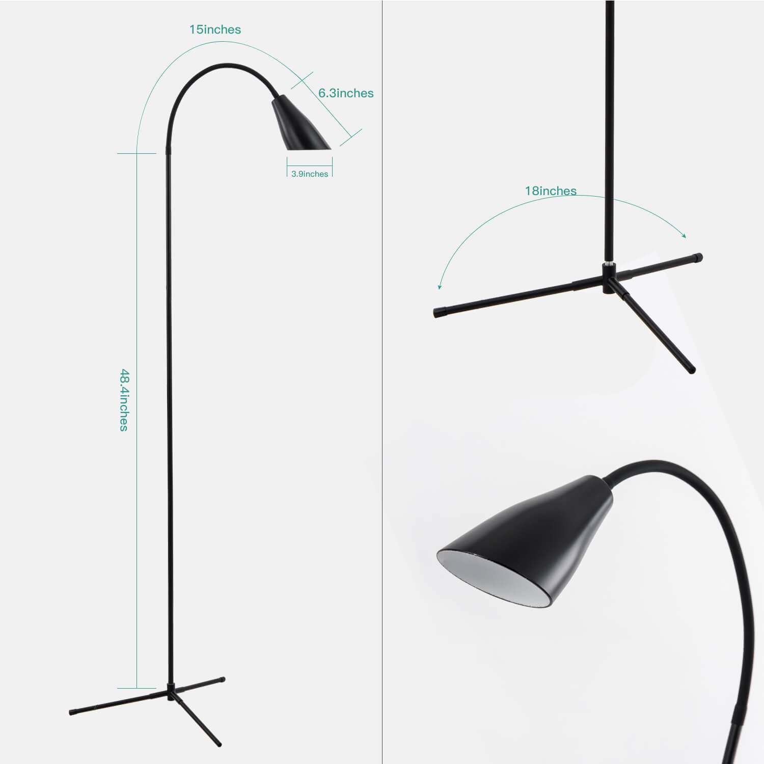 Reading Floor Lamp in Black, Dimmable Gooseneck Standing Lamp, LED