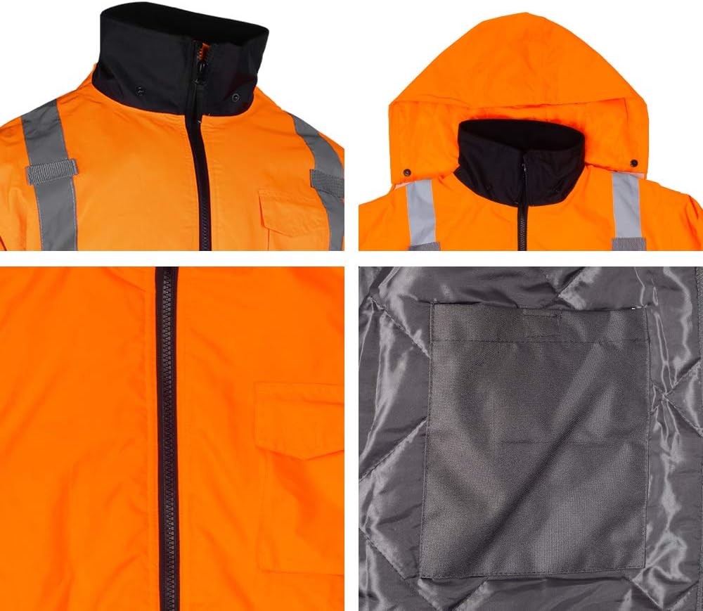 Men's ANSI Class 3 Hi Vis Safety Bomber Jacket Concealed Hood Waterproof Full Zip Padding Work Jacket Black Bottom(3XL, Orange): Home Improvement