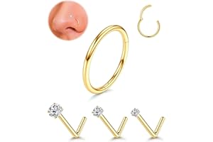 PURBEAUT 18G/16G Nose Rings Hoop and 20g Nose Studs Sets for Women Men, Hypoallergenic 316L Surgical Steel Hinged Clicker Segment CZ Nose Hoops Double Hoop Nose Ring Septum Lip Helix Cartilage Daith Tragus Sleeper Earrings Gold Silver L Shape/Corkscrew Nose Studs Nostril Small Piercing Jewelry, Pack of 4Pcs