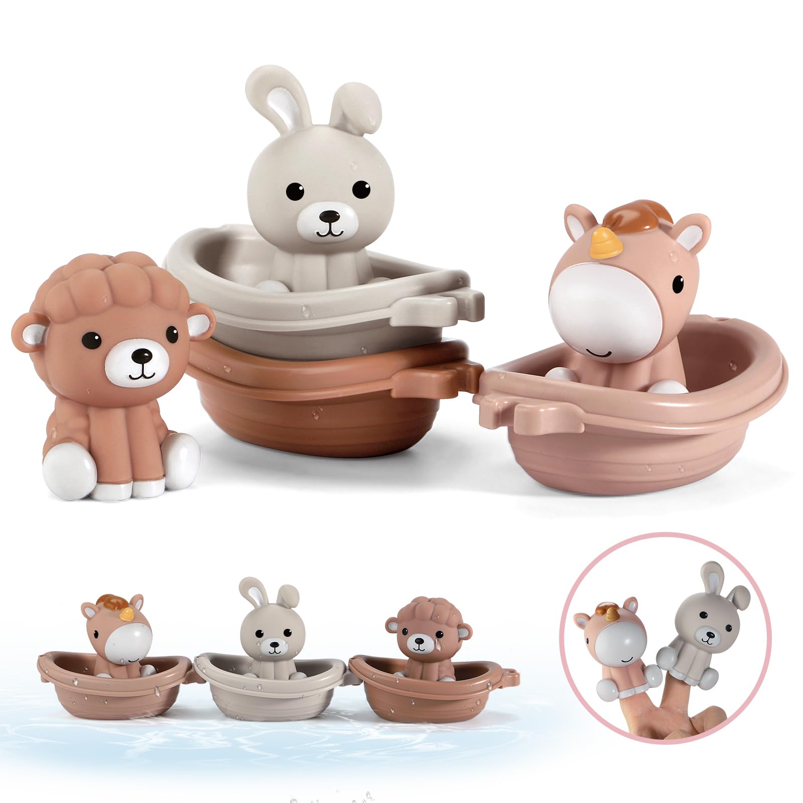 Nueplay Bathtime Fun for Little Girls: Animal Finger Puppets & Stacking Boat Train - 6pcs Baby Bath Toys Gift Set for Newborn, Infant & Toddler (1-3 Years)
