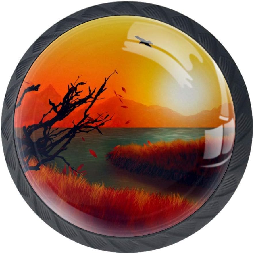 for Home Wardrobe Office Kitchen Dresser and Cupboard Drawer Pull Handle with Screws Fantasy Sun Trees Meadow Lake Glass 4pcs DIY Round Cabinet Knobs