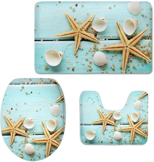 Amazon Com Cooltoiletlidcovercc Beach Seashells Starfish On The Rustic Bathroom Accessories Sets 3 Piece Non Slip Healthier Lid Toilet Cover Contour Mat Bath Area Rugs Machine Washable Home Kitchen