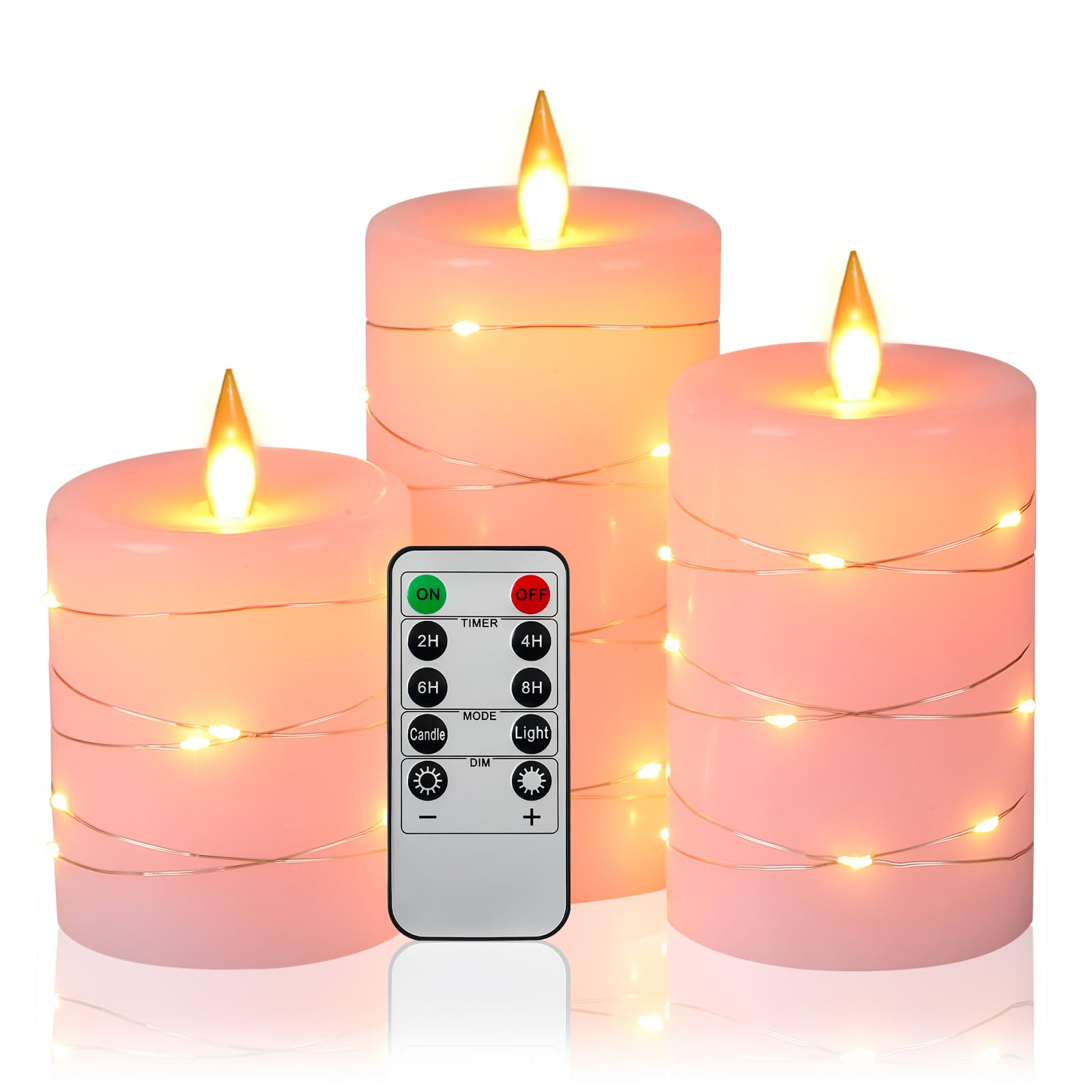 Flameless Candles 360 Degree Viewing Angle, with Starry String Lights, 3-Pack Fairy String Lights LED Candles, with 10-Key Remote Control, 24-Hour Timer Function, Dancing Flame, Real Wax(Rose).