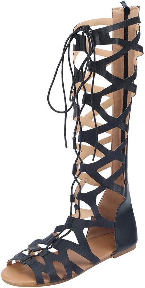 Women Gladiator Sandals - Summer Strappy Lace Up Open Toe Knee High Shoes Zip Flat Sandal Boot