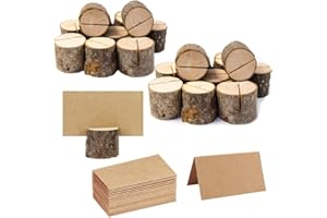 SENOVER 20Pcs Rustic Wood Table Numbers Holder and 30Pcs Kraft Table Place Cards Wood Place Card Holder Party Wedding Table Name Card Holder Memo Note Card