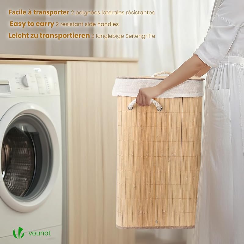 ® Cesto Portabiancheria Angolare in Bambù 58L, Cesto Pieghevole per Panni Sporchi con Coperchio, Manici e 2 Borse Rimovibili, per Bagno, Lavanderia e Camera da Letto, Naturale